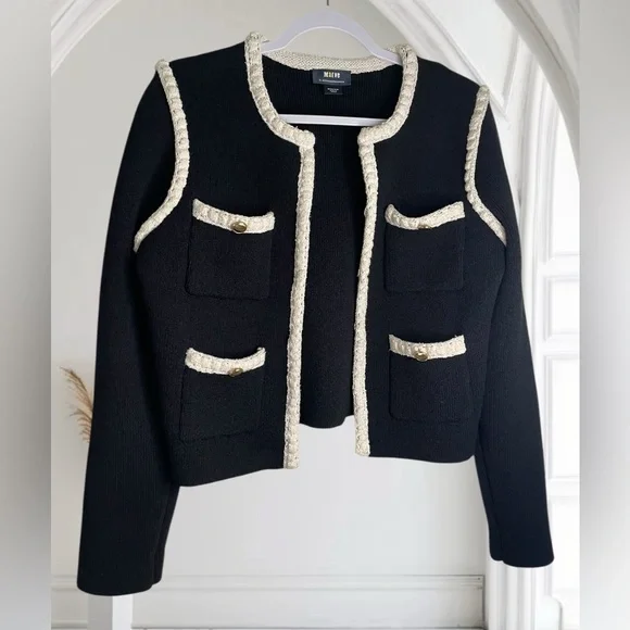 MAEVE Collarless Tipped Knit Jacket - Black Size Medium - Picture 2 of 7